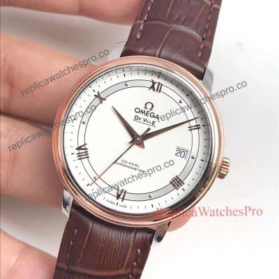 Replica Omega De Ville White Roman Dial Brown Leather Bracelet Mens Watch